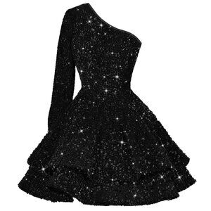 Black Homecoming Dresses for Teens Short Sparkly Sequins Prom Dress One Shoulder